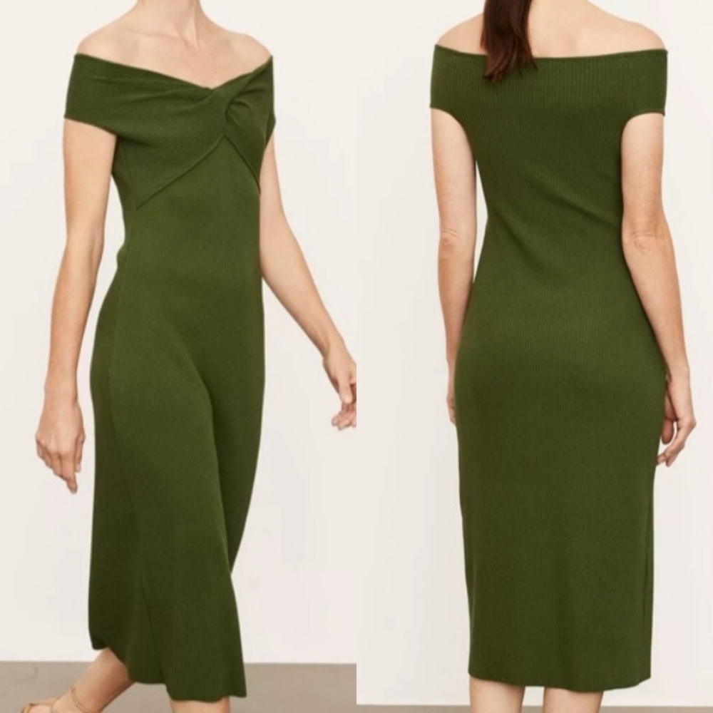 Vince Ribbed Twist Bodycon Midi Green Knit Medium